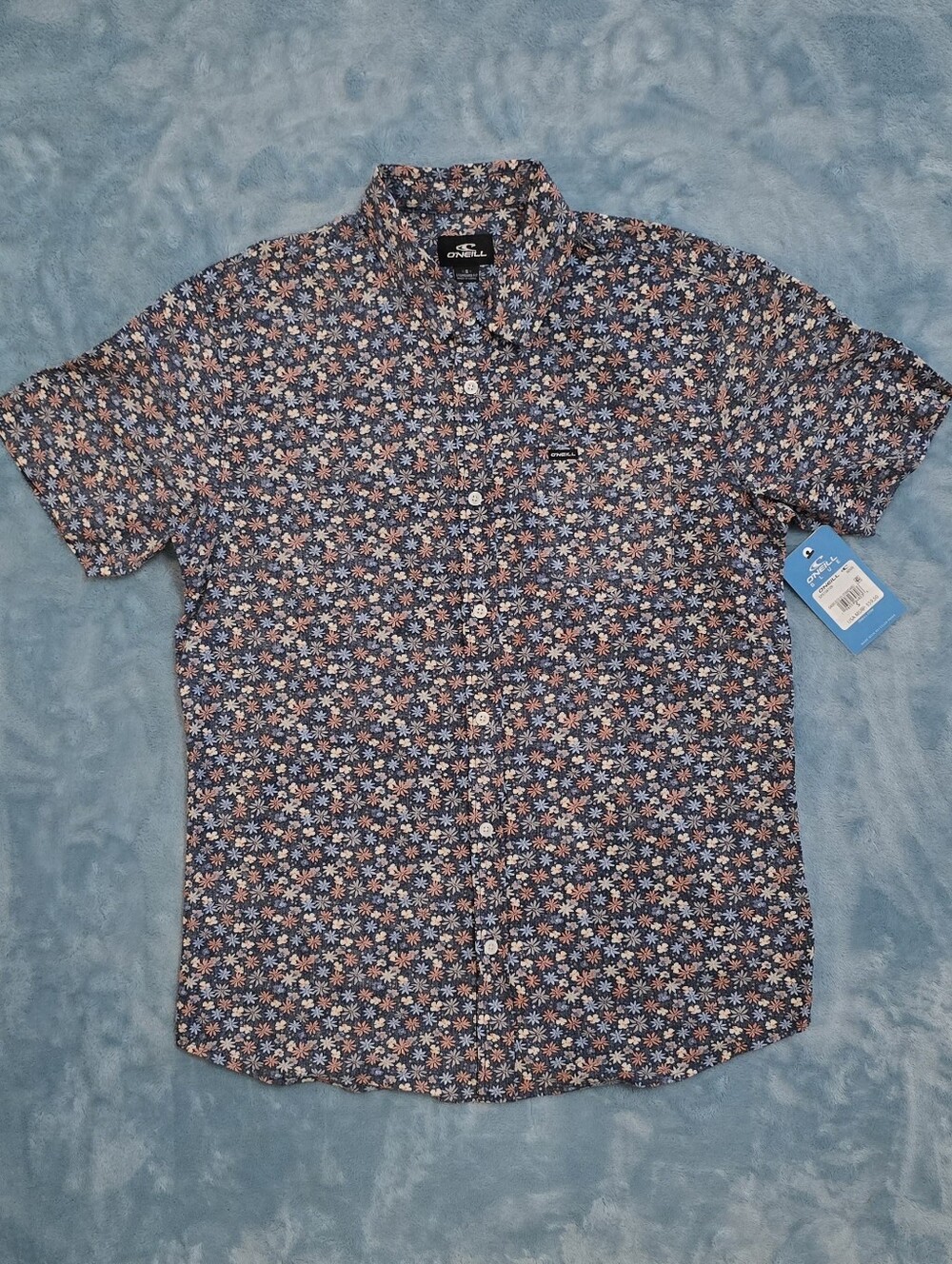 O'Neill Navy Short-Sleeve Floral Button-Down Shirt with Pink Accents